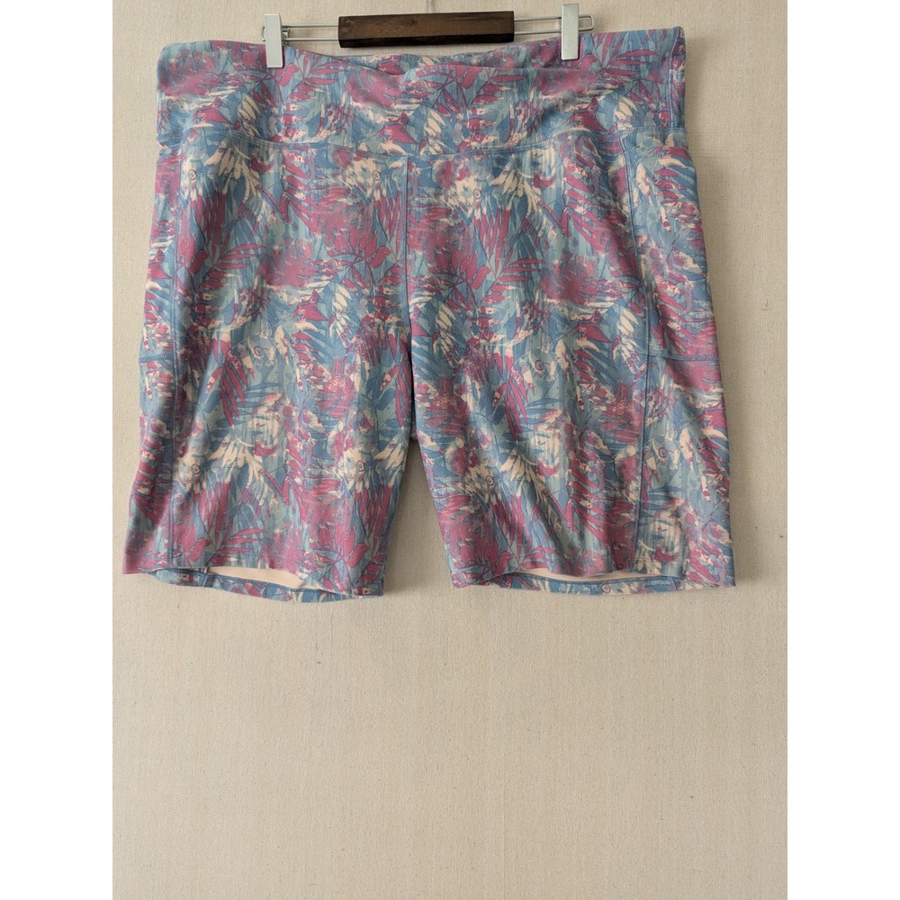 Freely Bike Shorts Womens 3X Blue Pink Tropical Palm Print High Rise Pockets